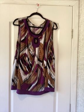 Cato Purple, Brown & White Abstract Sleeveless Keyhole Top 26/28W EUC